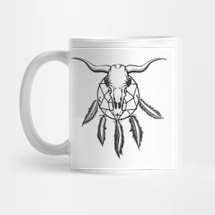 Bull skull and indian dream catcher tattoo. Native american elements Tattoo in engraving style. Mug